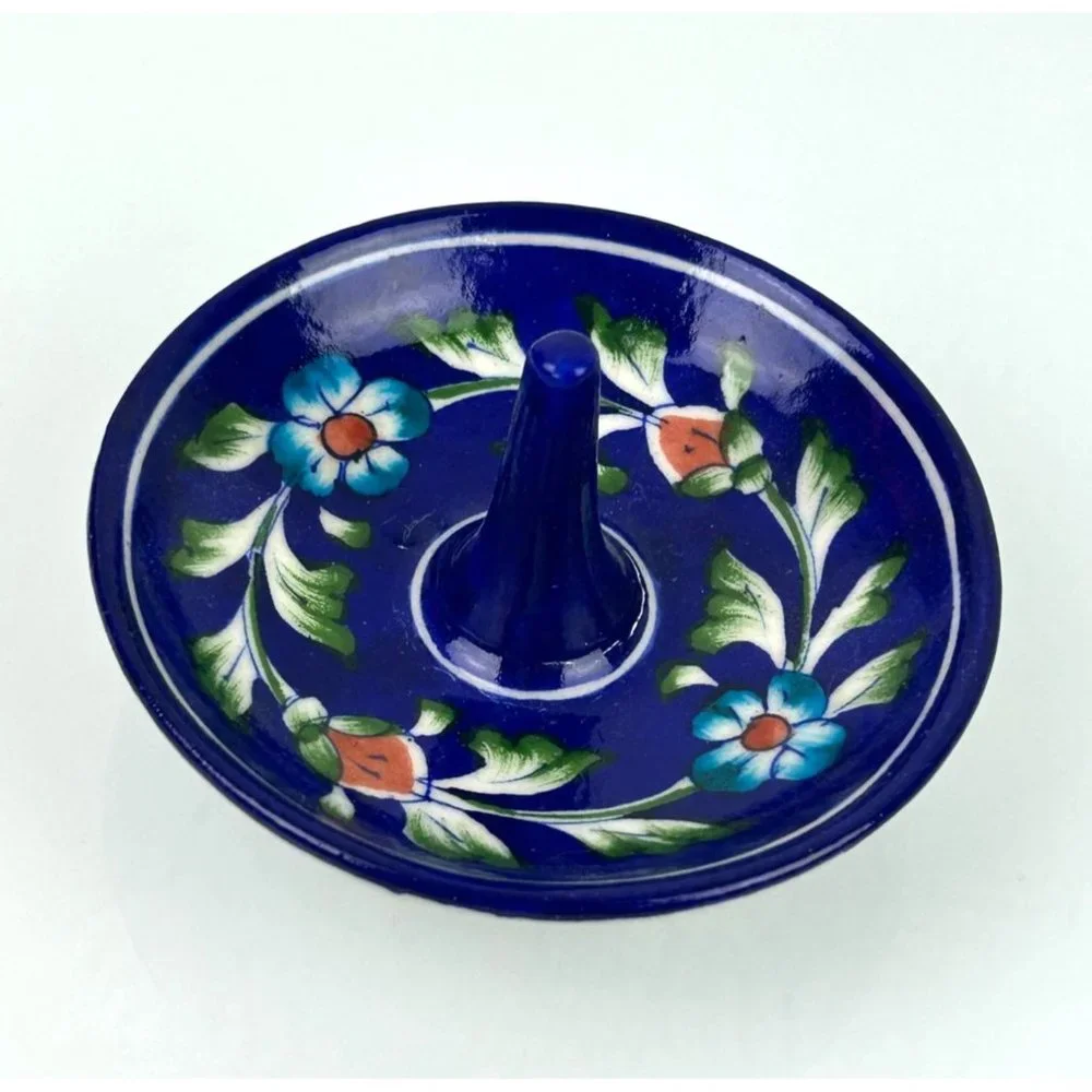 Handmade Pottery Ring Trinket Holder Jewelry Dish Cobalt Blue Floral Home Decor
